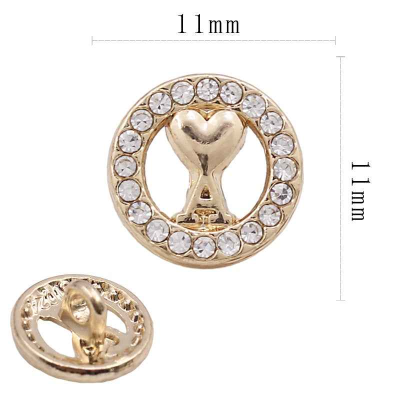 Gold round rhinestone shirt button, 11mm, with heart-shaped shank in crystal ring