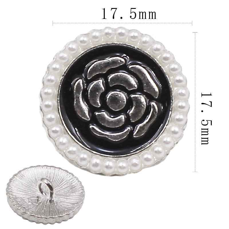Metal shank button, silver round with pearl-embossed trim and floral center, 17.5 mm