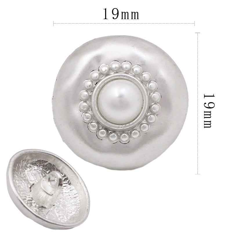 Metal shank button, round pearl-inset center with bead ring trim, silver, 19 mm