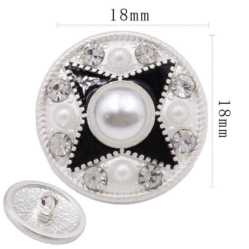 Metal shank button, silver round with large pearl and clear crystal accents, 18 mm