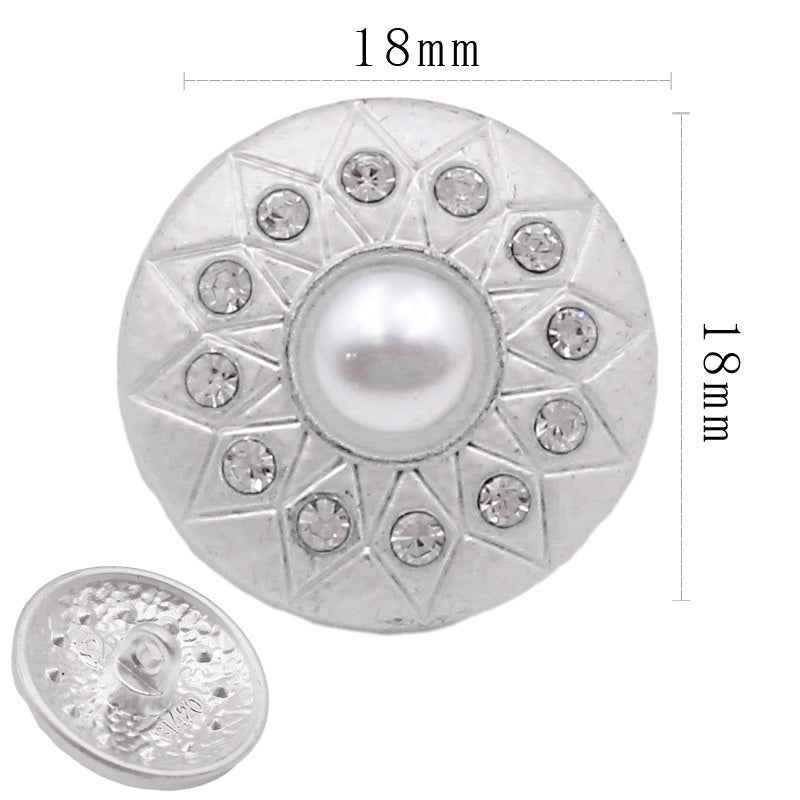 Metal shank button, silver round with central pearl and rhinestone pattern, 18 mm
