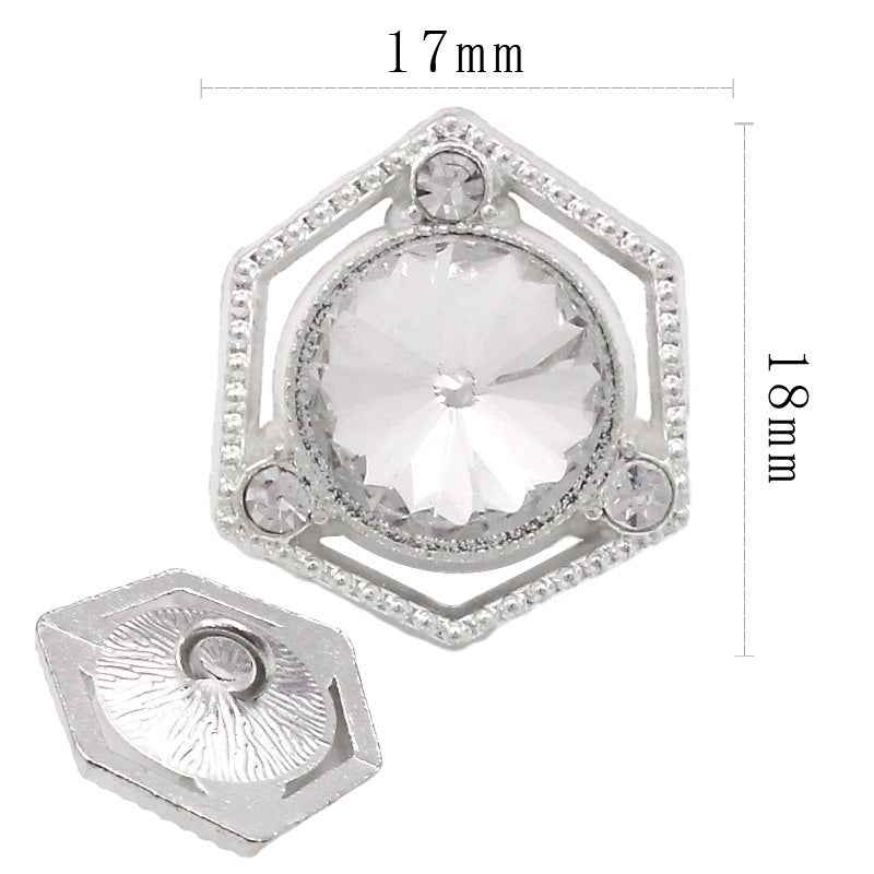 17mm square hexagon button with clear faceted crystal, silver-tone frame, front and back