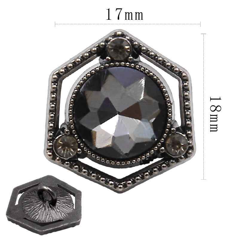 17mm square hexagon button with smoky crystal, dark gunmetal frame, front and back