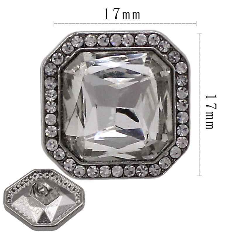 17mm square hexagon button with clear crystal, dark bezel and rhinestone edge; front and back