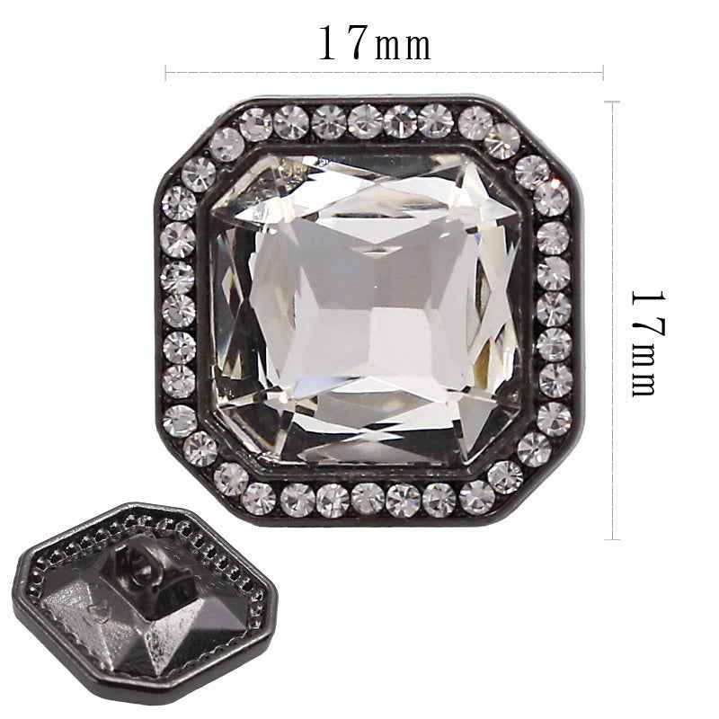 17mm square hexagon button with clear crystal, black frame with rhinestone trim; front and back