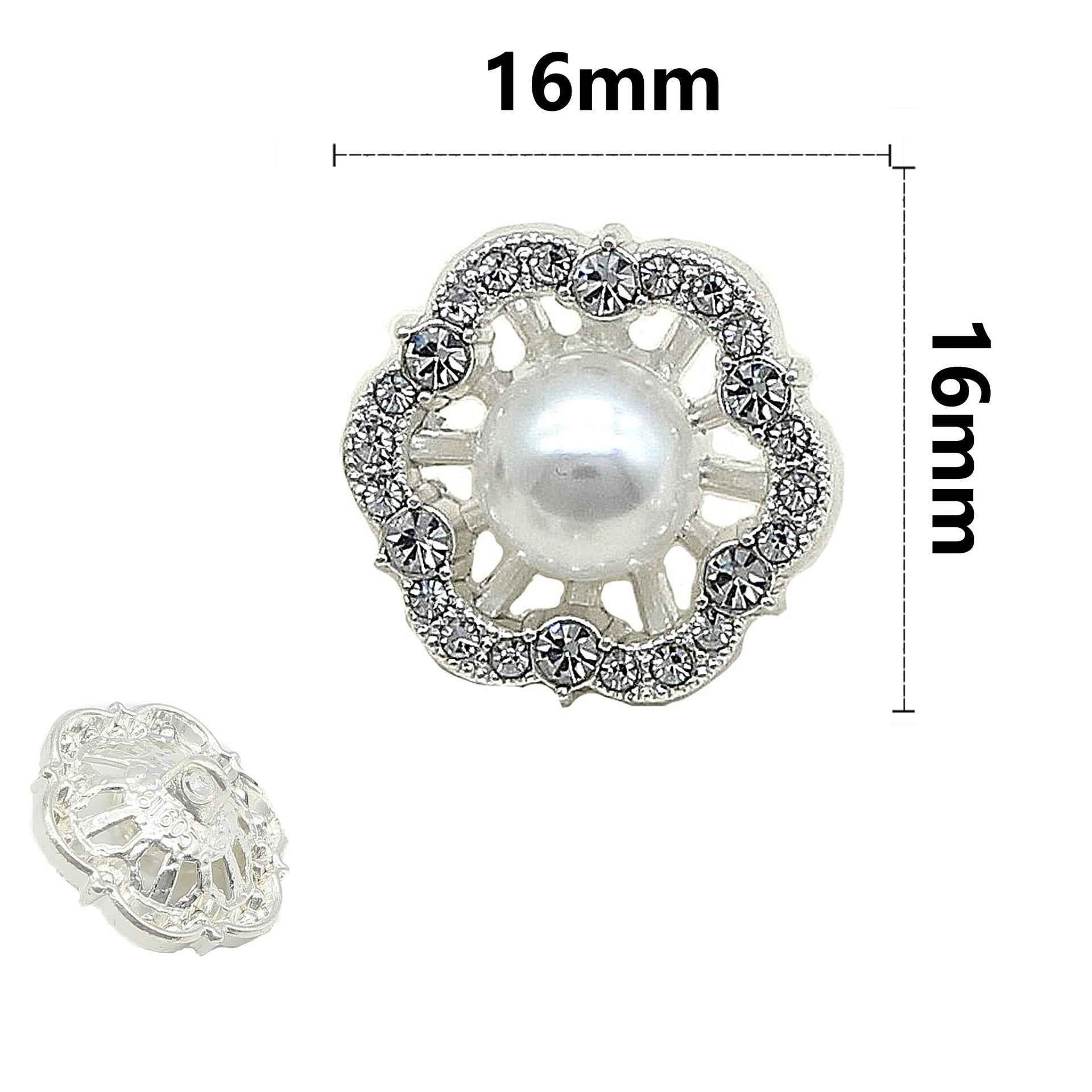 Blütenknopf 16 mm: weiße Perlmuttmitte mit Strassrand, silberfarbene Fassung