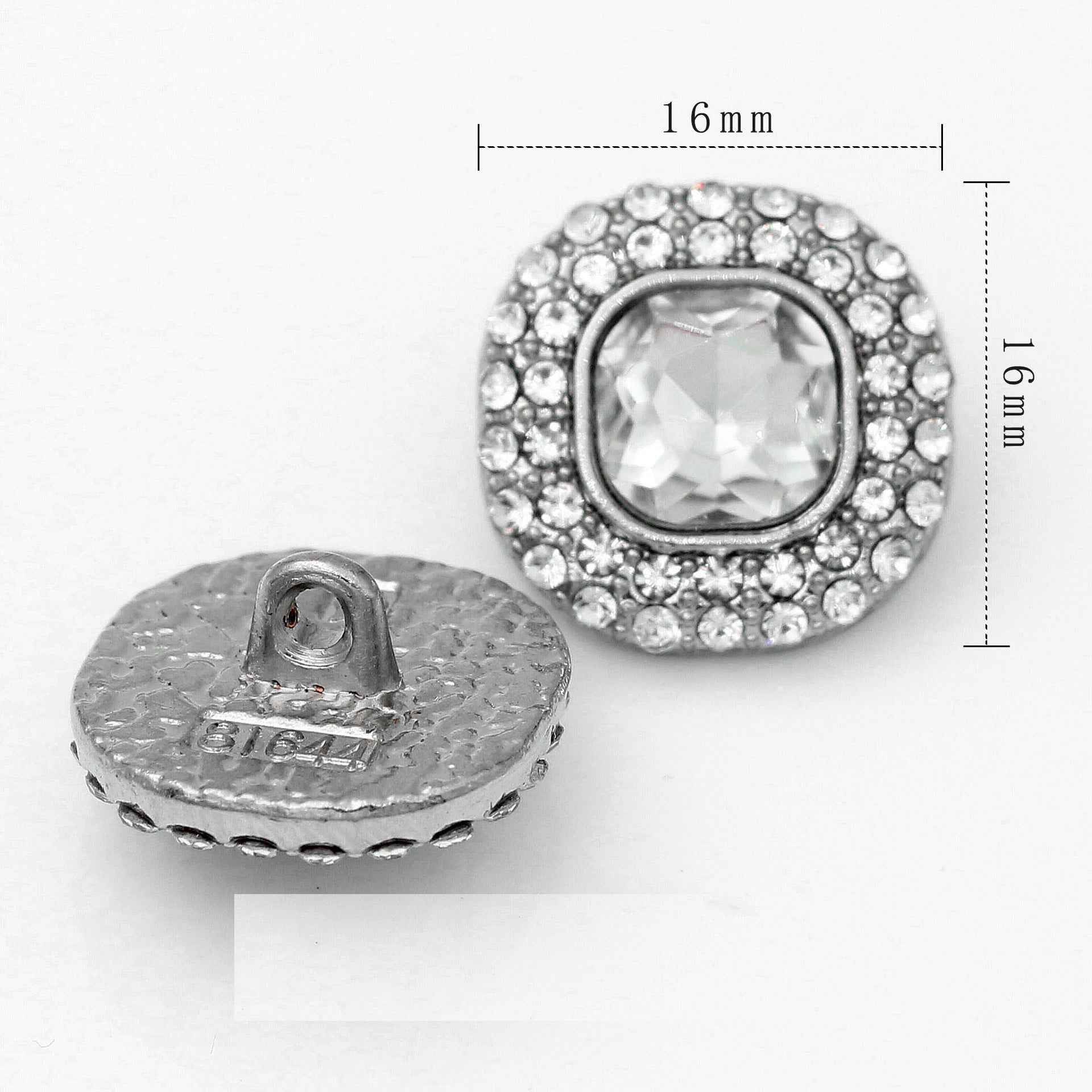 16 mm crystal rhinestone shank button, silver setting with clear square crystal.