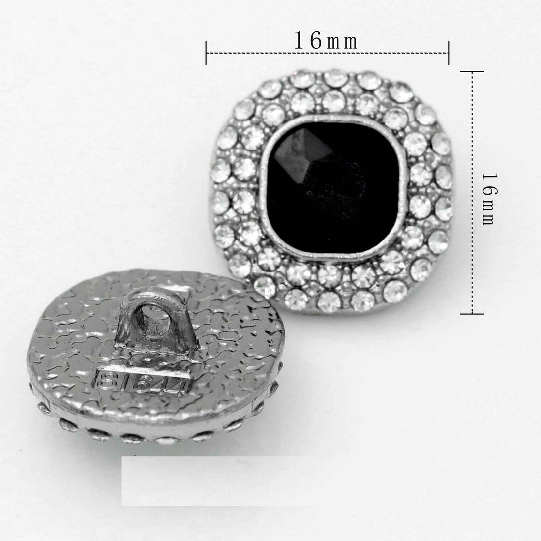 16 mm crystal rhinestone shank button, silver setting with black square center.