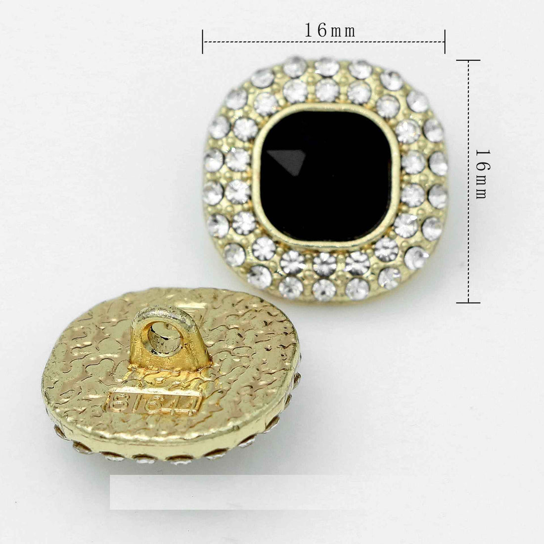 16 mm crystal rhinestone shank button, silver setting with black square center.