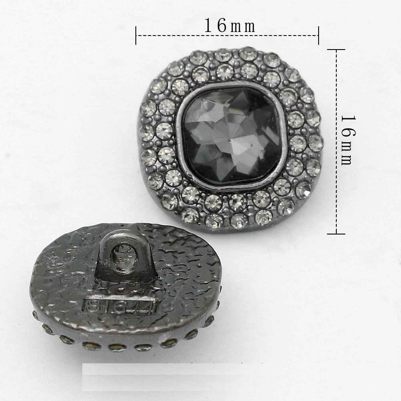 16 mm crystal rhinestone shank button, gunmetal setting with dark gray square crystal.