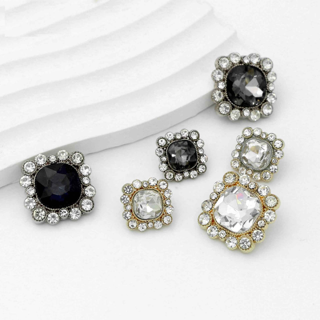 Square rhinestone metal shank buttons, assorted dark and clear crystal designs