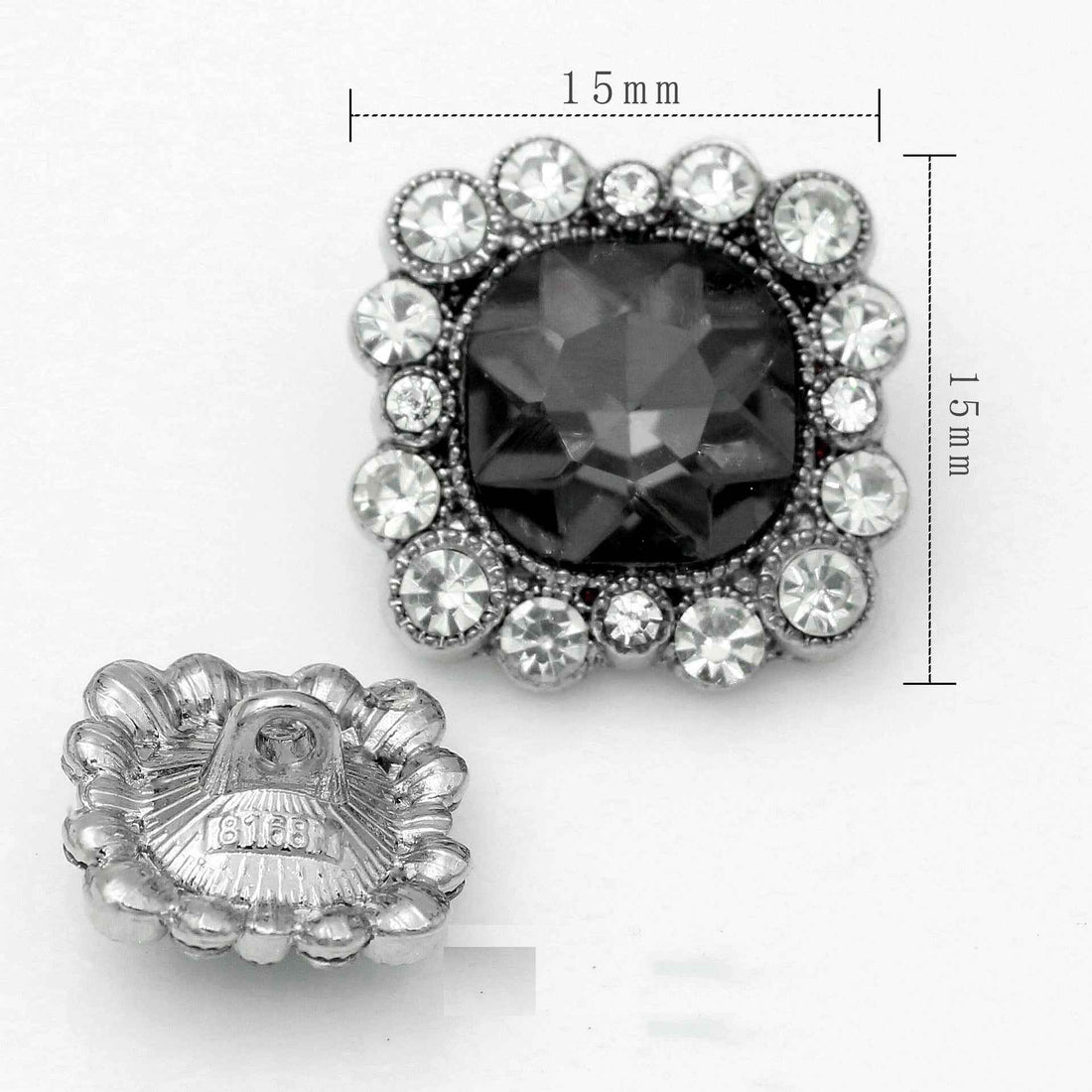 Square rhinestone metal shank buttons, assorted dark and clear crystal designs