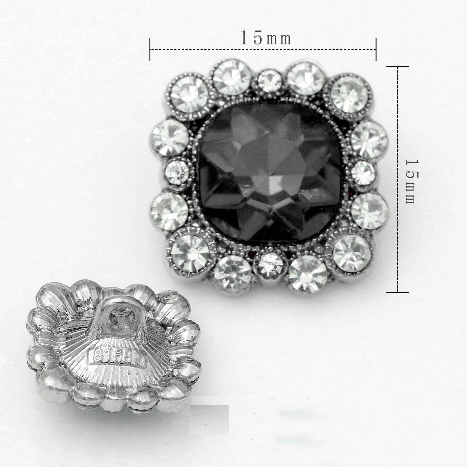 15mm square crystal rhinestone button with dark center and metal shank