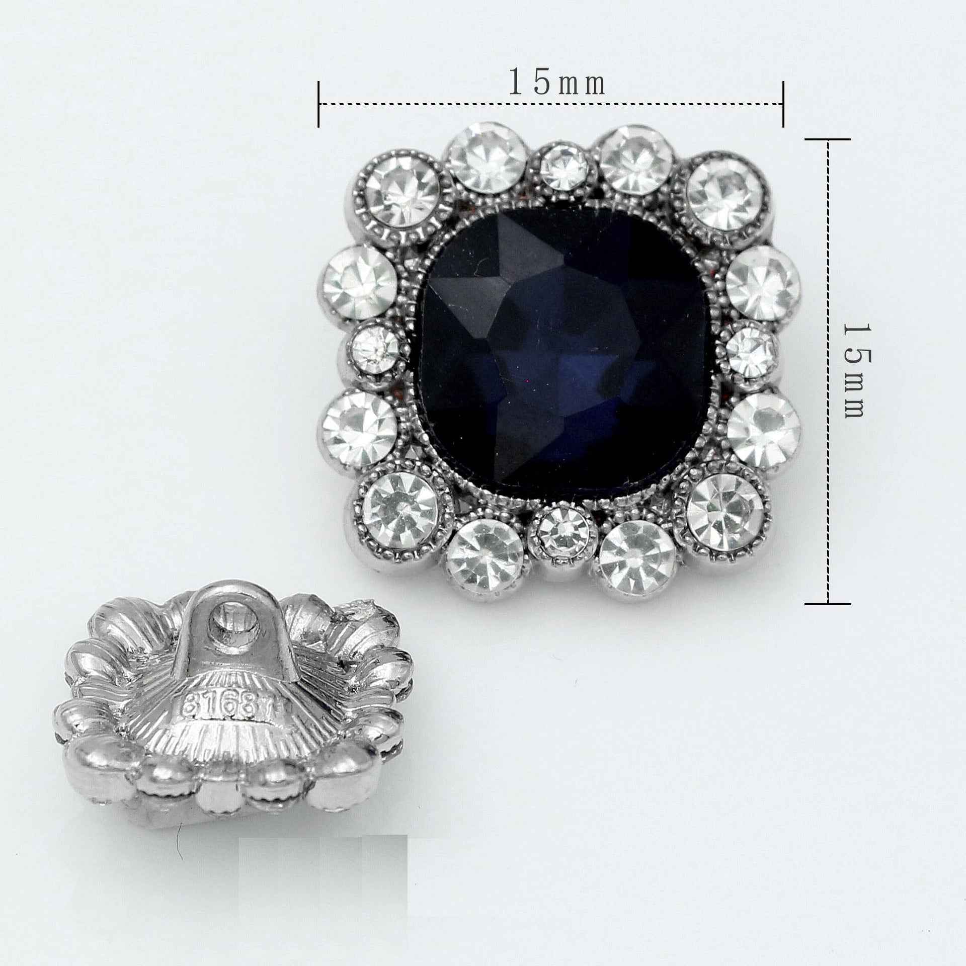 15mm square dark crystal rhinestone button in silver tone with metal shank