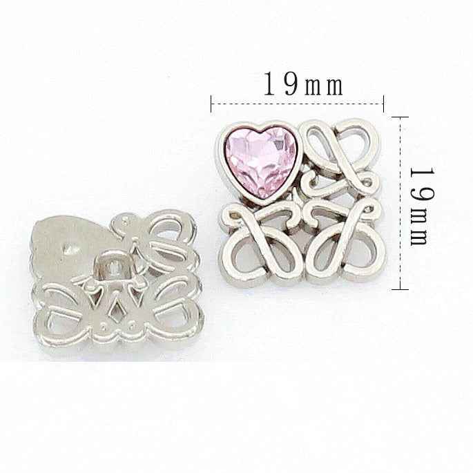 Silver square filigree button with pink heart glass, 19 mm size