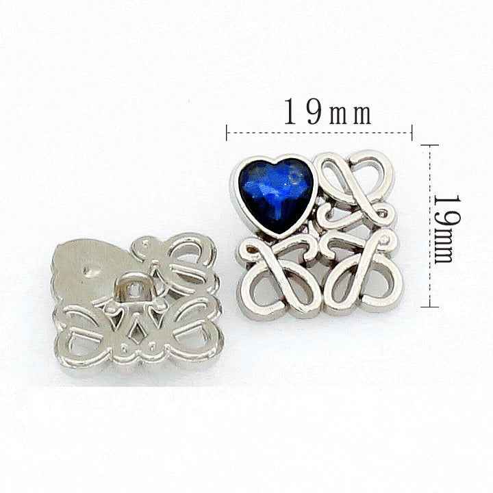 Silver square filigree button with navy heart glass, 19 mm size