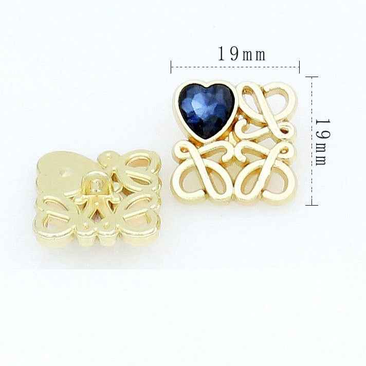 Gold square filigree button with navy heart glass, 19 mm size