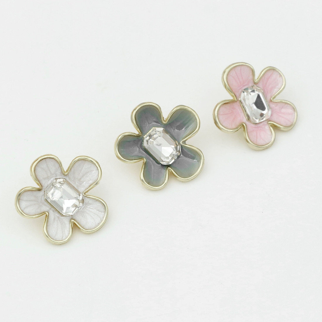 Enamel camellia metal shank button, white/grey and pink petals, clear faceted center