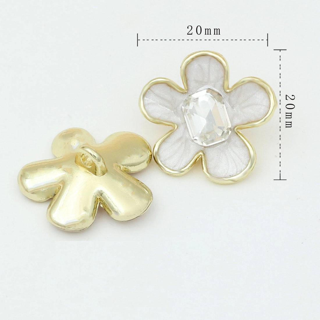 Enamel camellia metal shank button, white/grey and pink petals, clear faceted center