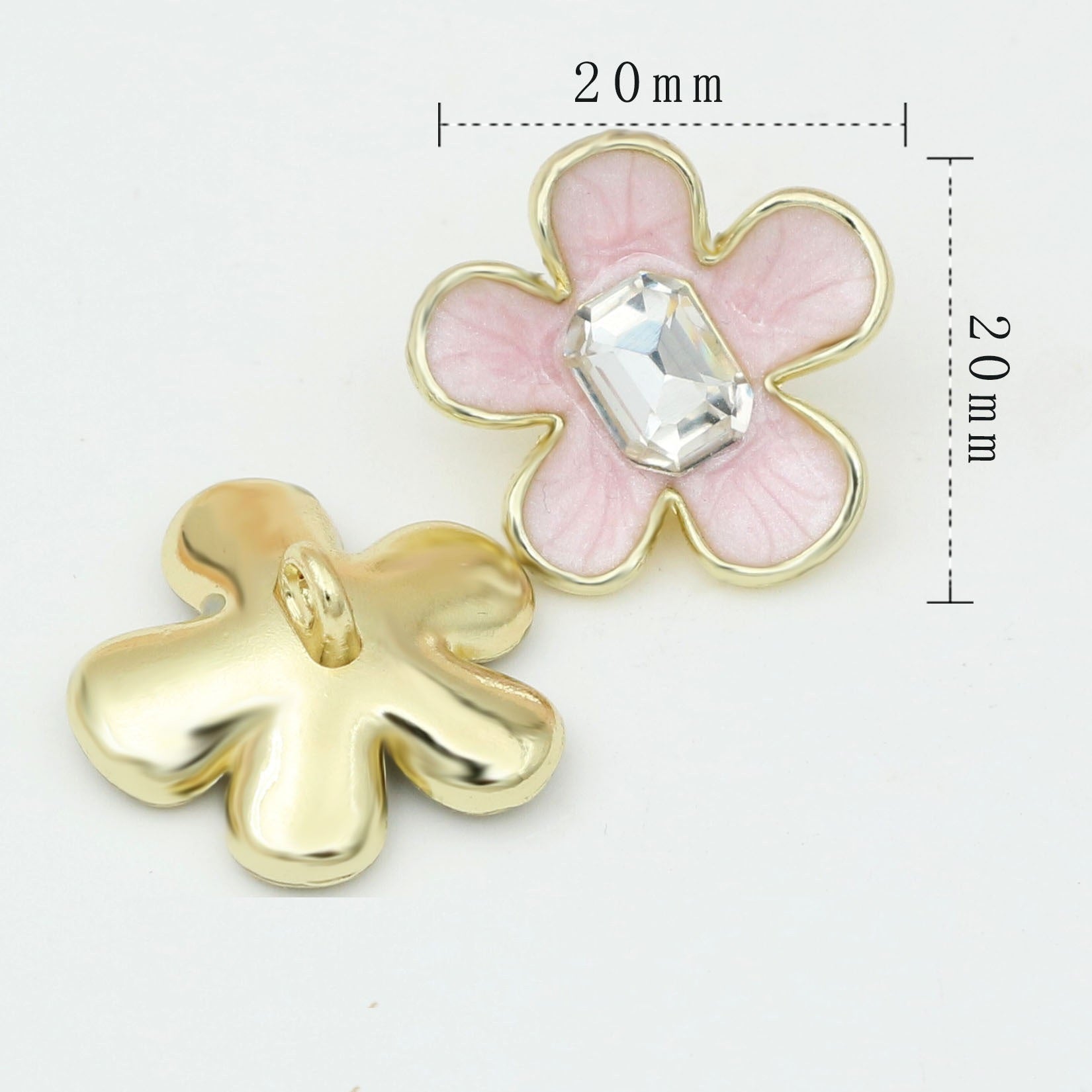 20mm enamel camellia metal shank button, pink petals with clear stone; gold back shown