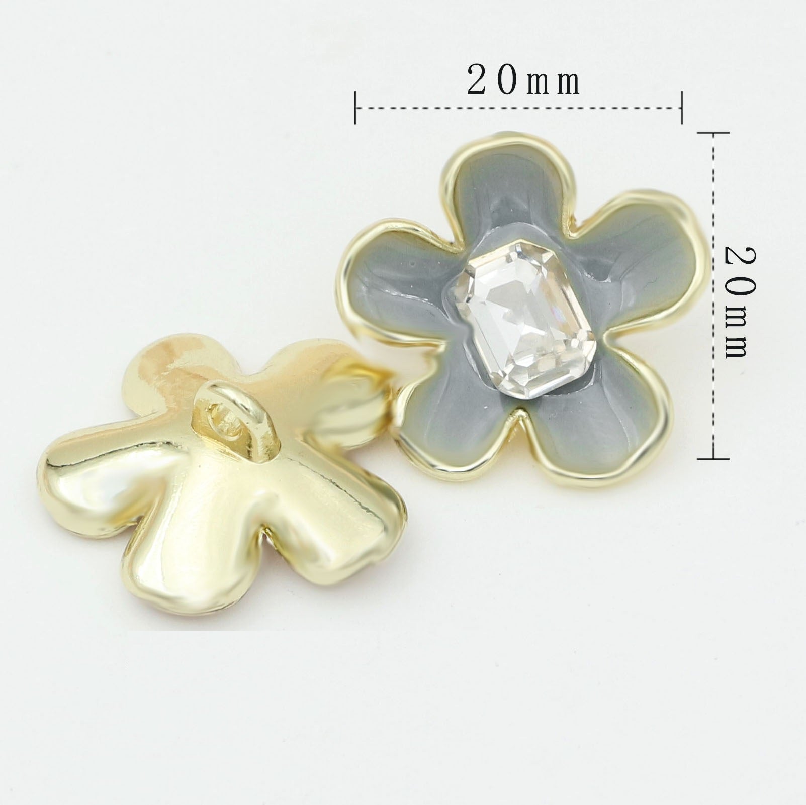 20mm enamel camellia metal shank button, grey-blue petals with clear stone; gold back shown
