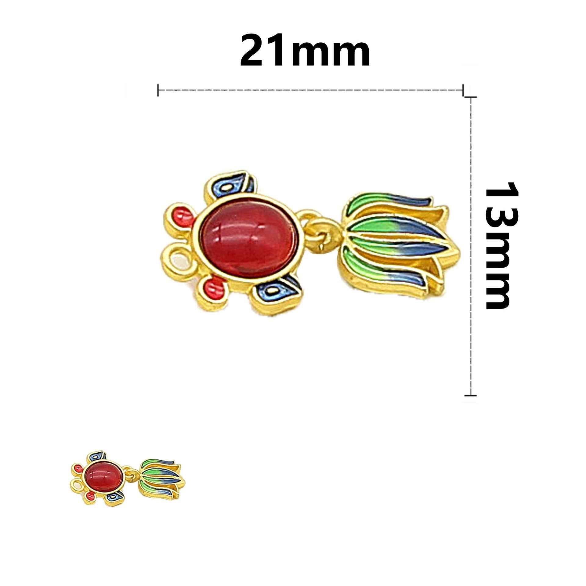Goldfish-shaped metal button, red oval center, blue/green enamel; size marked 21mm by 13mm