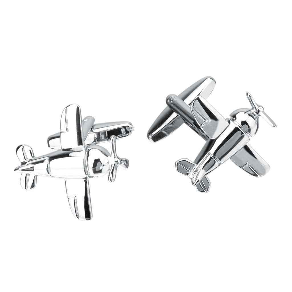 Silver-tone aircraft bomber cufflinks with propeller details