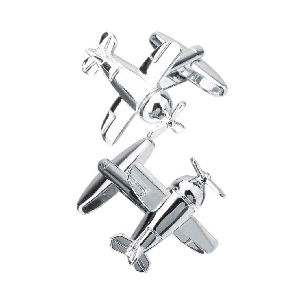 Silver-tone aircraft bomber cufflinks with propeller details