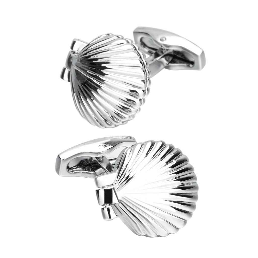 Silver-tone shell-shaped cufflinks with ridged spiral design and hinged backs