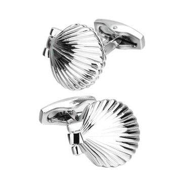 Silver-tone shell-shaped cufflinks with ridged spiral design and hinged backs