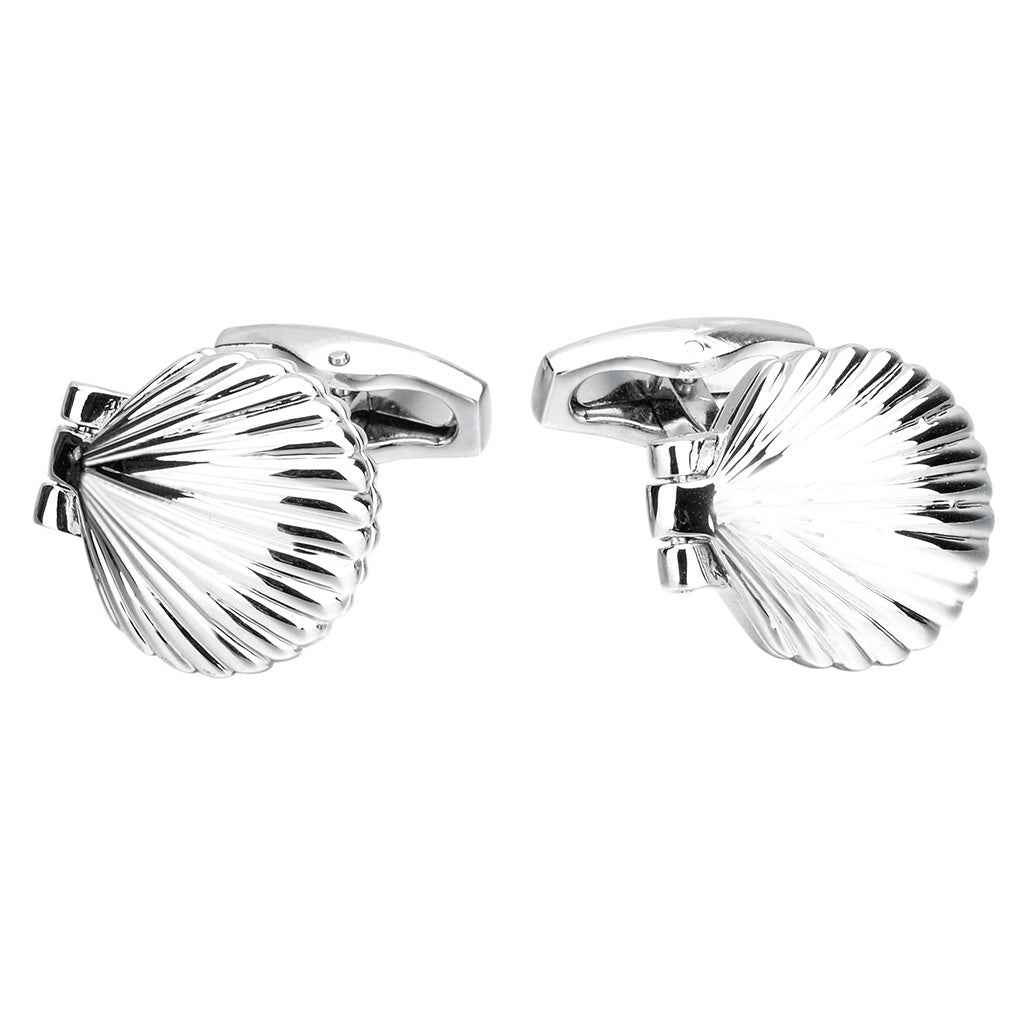 Silver-tone shell-shaped cufflinks with ridged spiral design and hinged backs