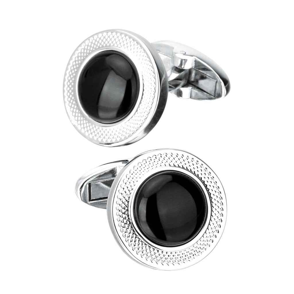 Round onyx cufflinks with black stone center, engraved floral border, silver-tone back