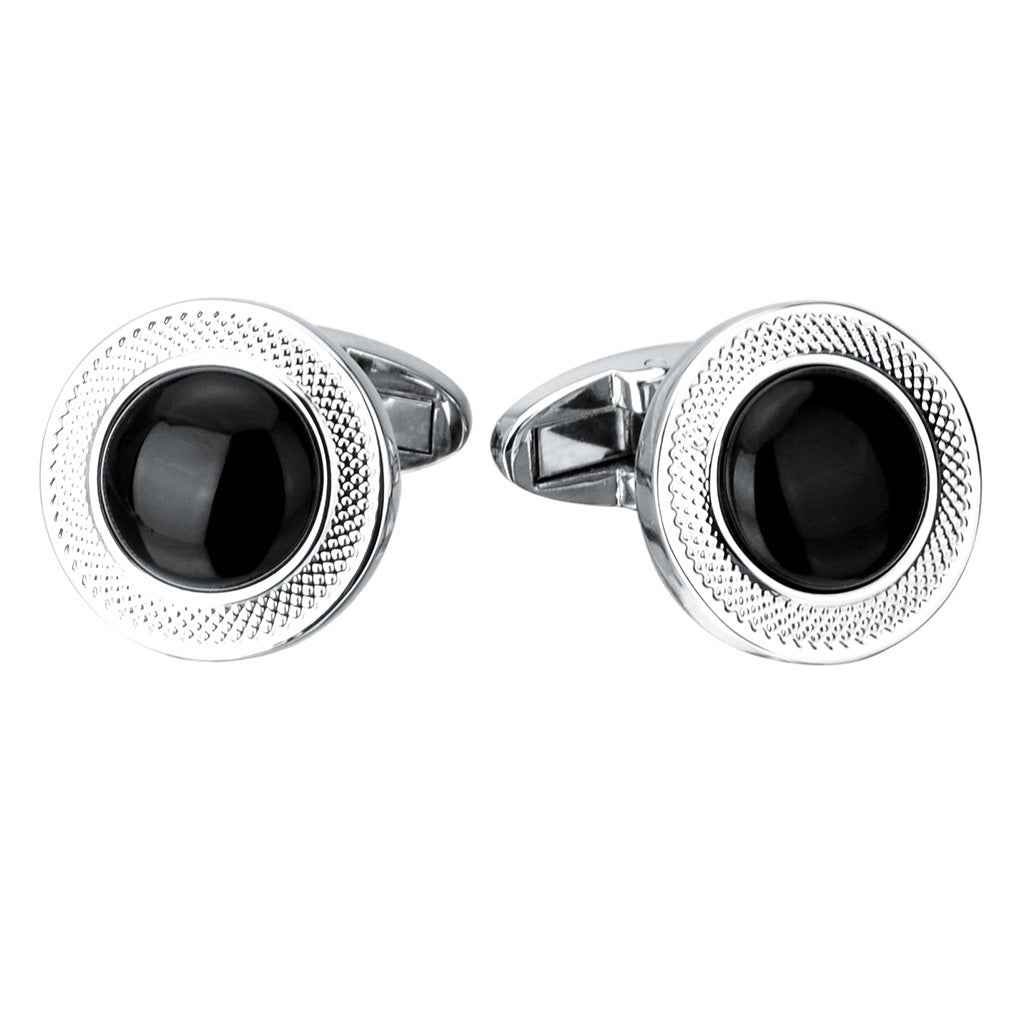 Round onyx cufflinks with black stone center, engraved floral border, silver-tone back