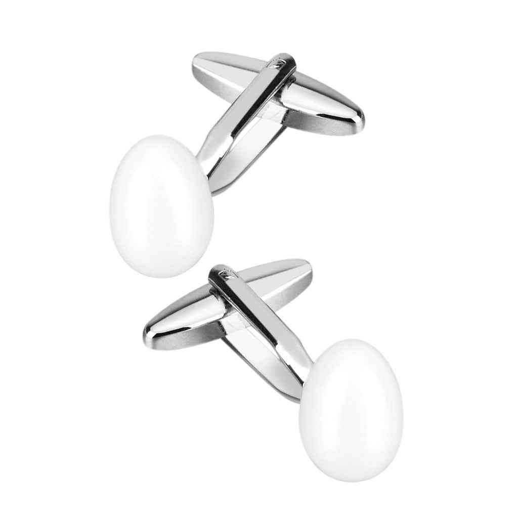 White egg-shaped cufflinks with shiny silver bar backs for men