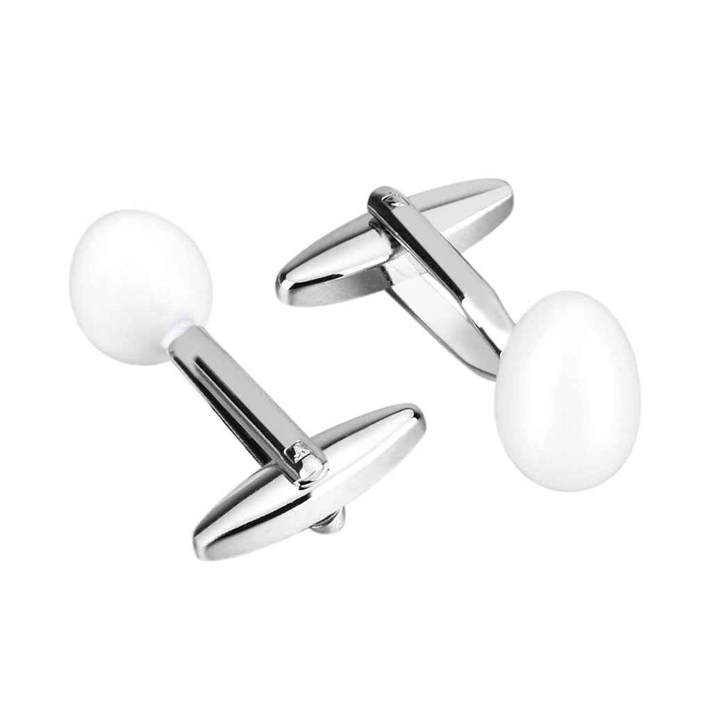 White egg-shaped cufflinks with shiny silver bar backs for men