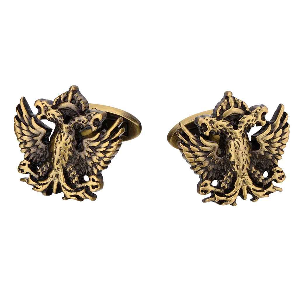 Antique bronze double-headed eagle cufflinks, detailed winged emblem on round fronts
