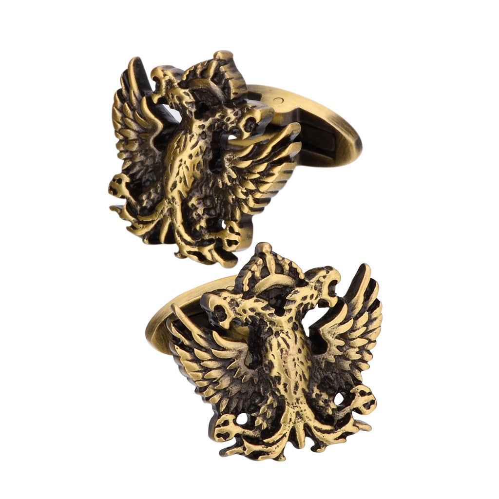 Antique bronze double-headed eagle cufflinks, detailed winged emblem on round fronts