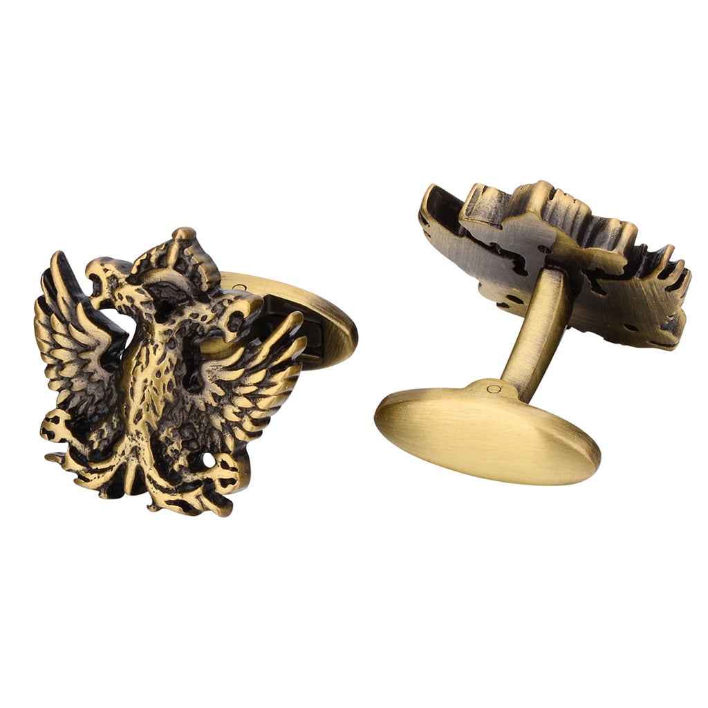 Antique bronze double-headed eagle cufflinks with flat round back and centered hinge