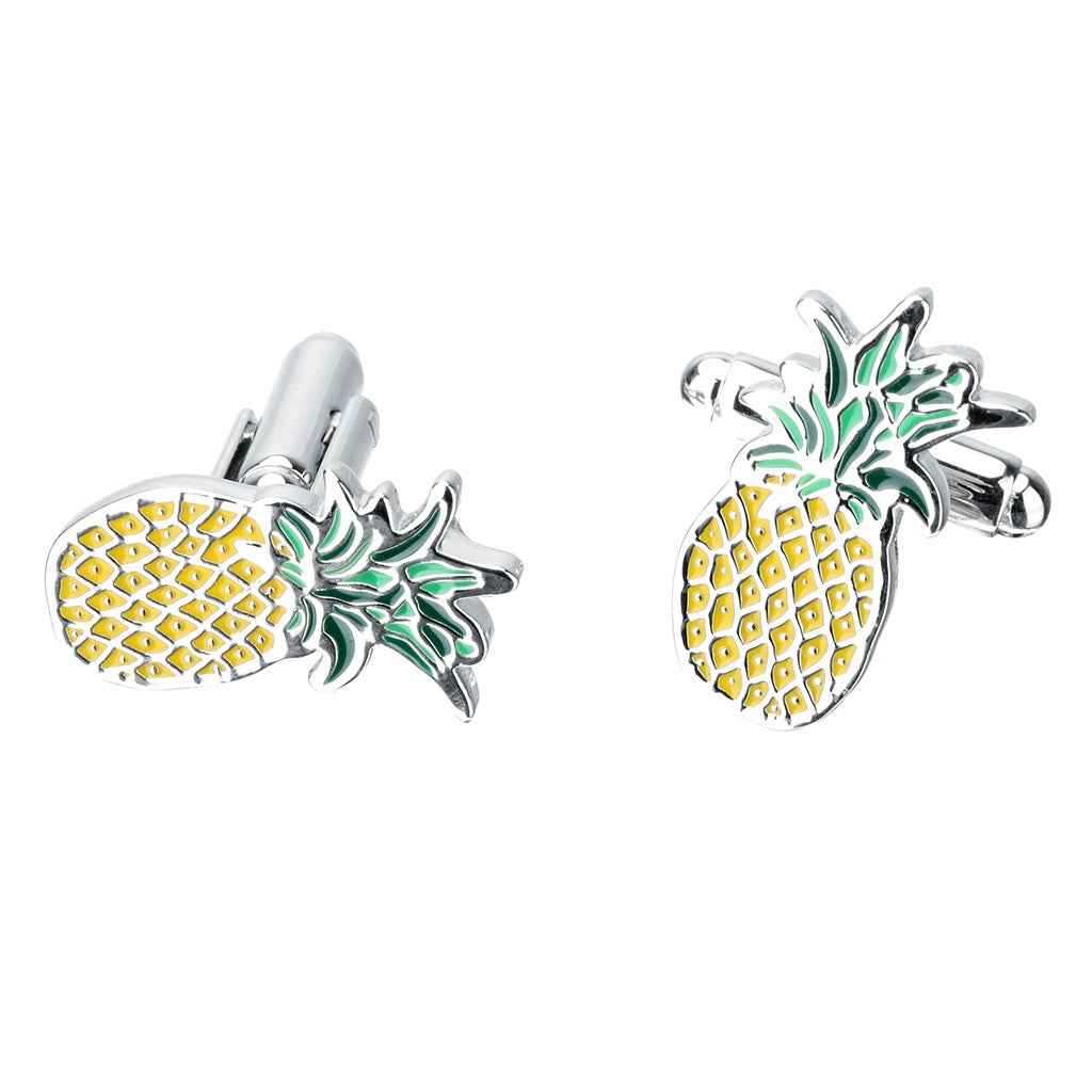 Pineapple-shaped cufflinks with copper tone and green, yellow enamel details