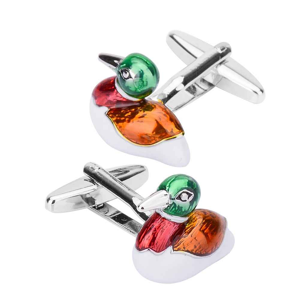 Mandarin duck cufflinks in green, orange, and red enamel with silver-tone metal back