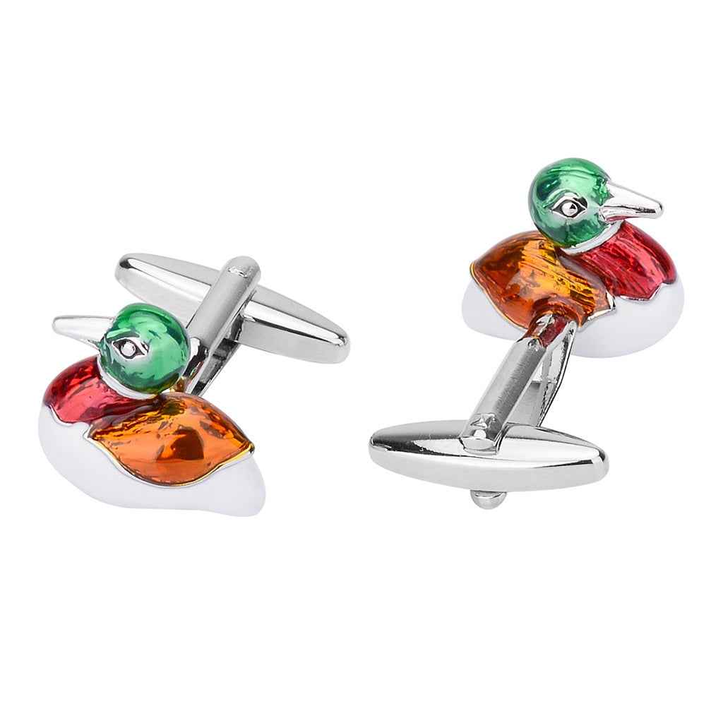Mandarin duck cufflinks in green, orange, and red enamel with silver-tone metal back