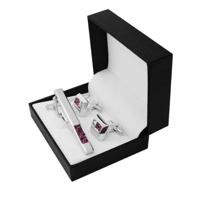 Silver tie bar with burgundy crystal insets and square cufflinks, set
