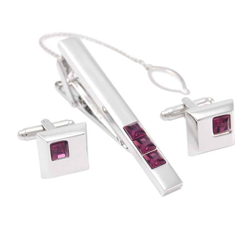Silver tie bar with burgundy crystal insets and square cufflinks, set