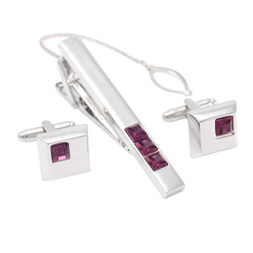Silver tie bar with burgundy crystal insets and square cufflinks, set