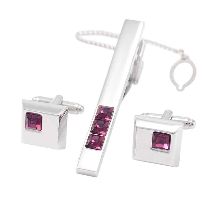 Silver tie bar and matching square cufflinks with burgundy crystal squares