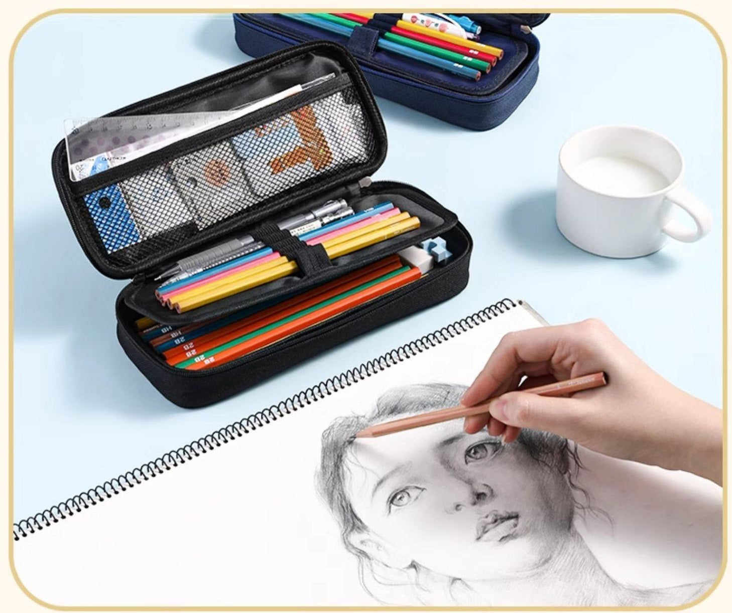 KING JIM GSG2000 Canvas Pen Case Double Compartment Pencil Bag