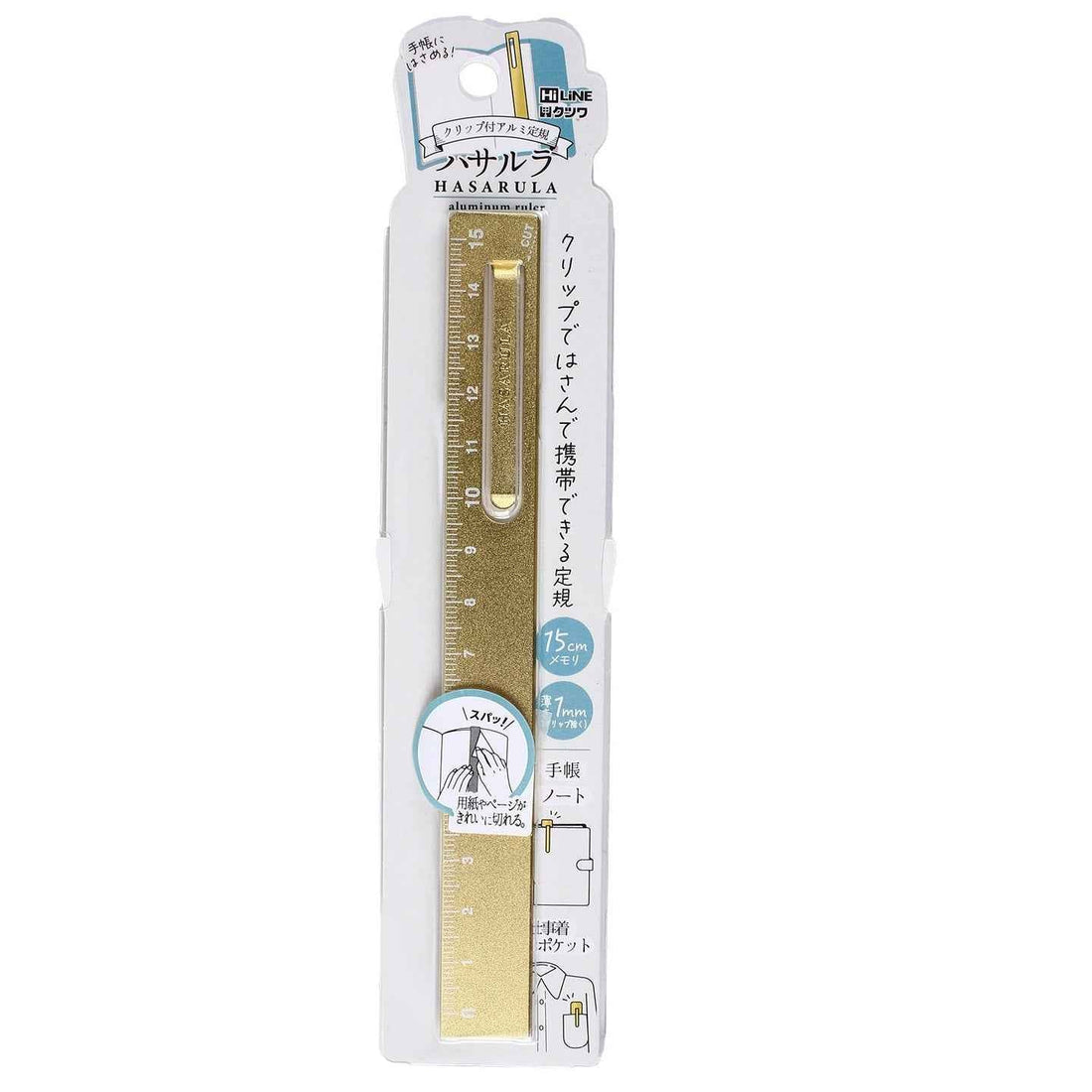 Kutsuwa Hasarula Aluminum Ruler - 15cm with Paper Clip and Cut Pink
