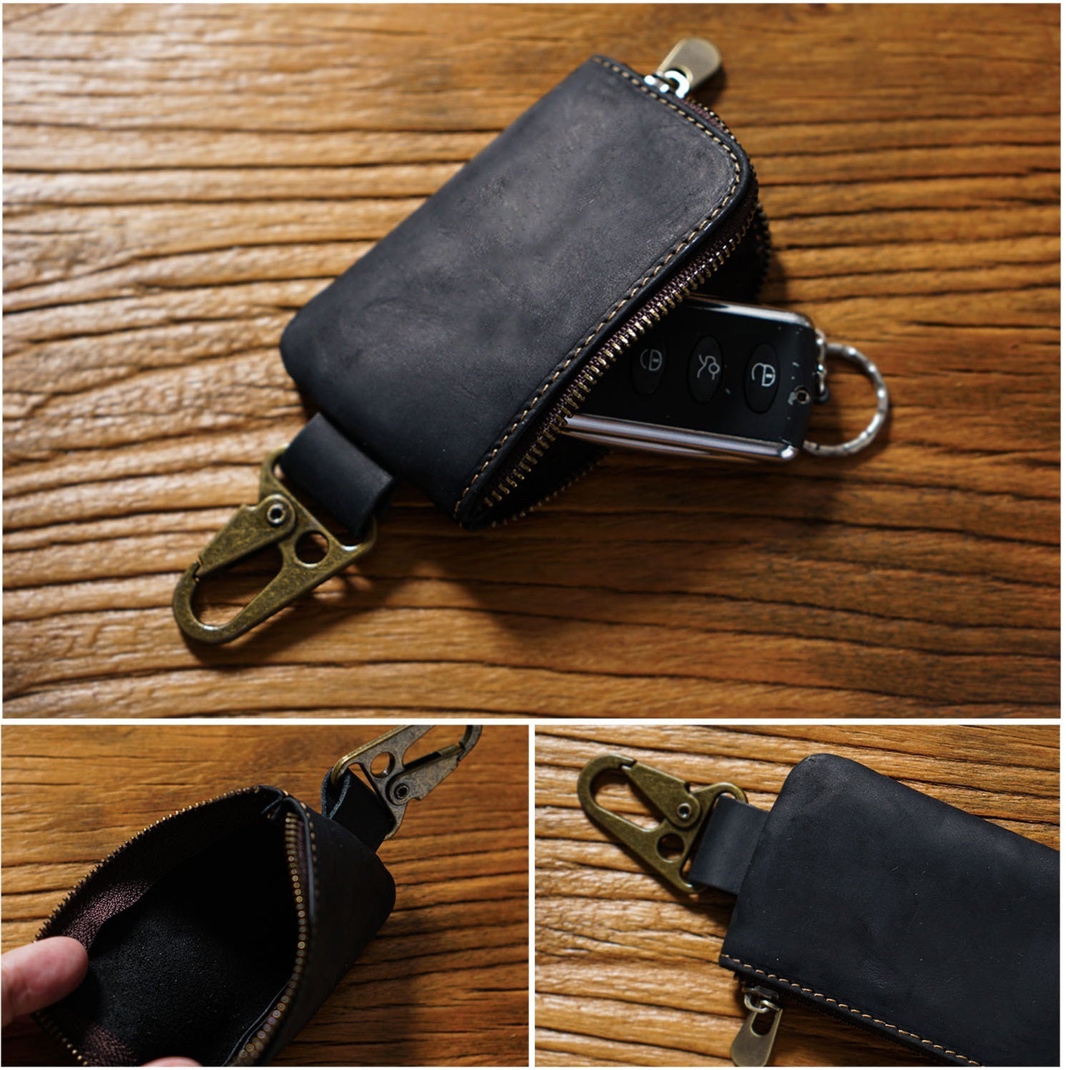 Leather Mini Coin Pouch with Keychain - Men's Belt Clip Zipper Pouch