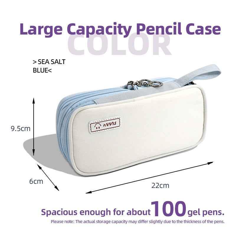 Macaron Color Canvas Triple-Layer Pencil Case Blue