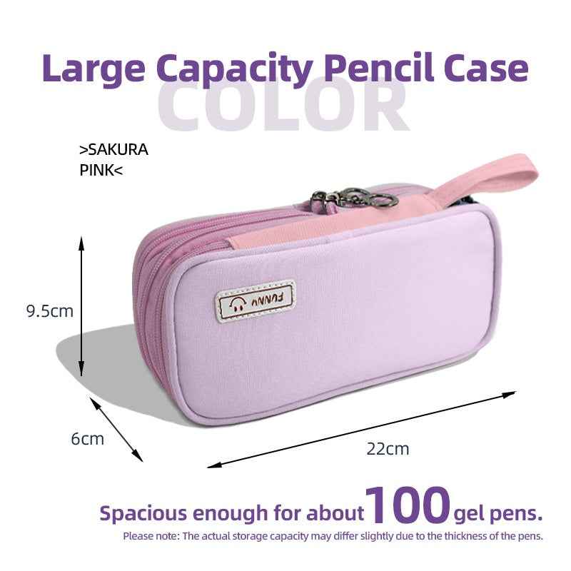 Macaron Color Canvas Triple-Layer Pencil Case Pink